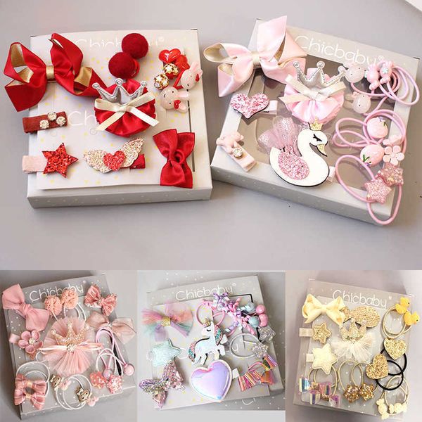 

2021 headdrs children's cartoon hairring hairpin hair rope rubber band jewelry box set gift, Golden;silver
