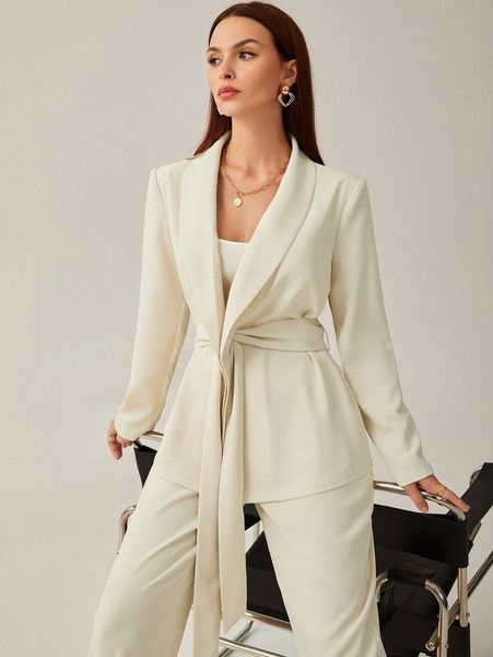 

solid shawl collar belted blazer w26c#, White;black