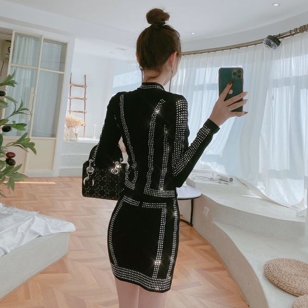 

2021 new fall winter 2 piece set tshirt+skirt shiny diamonds zipper cardigan women fashion european clothes ropa mujer suit s09404l r5v, Black;gray