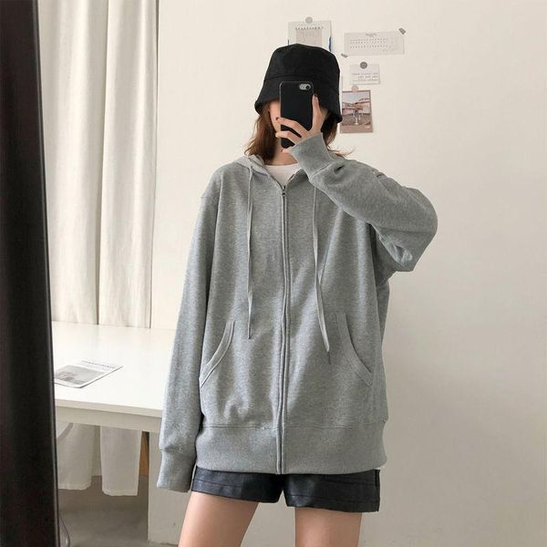 

women's hoodies & sweatshirts women spring fashion streetwear solid color zip-up hooded sweatshirt korean style loose casual hoody ladi, Black