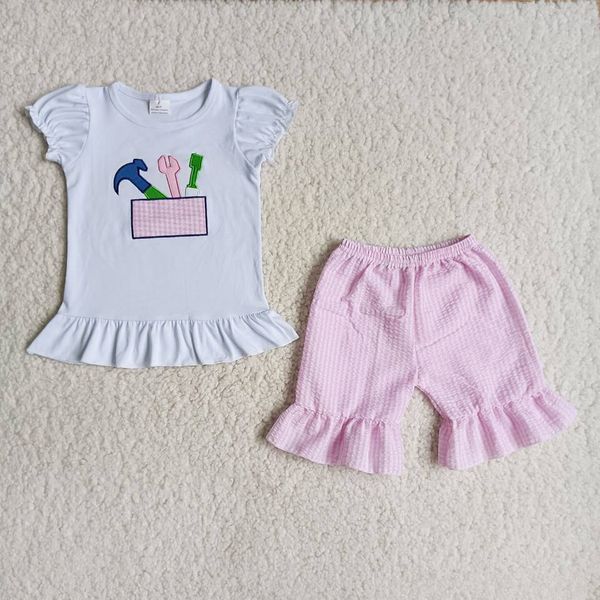 

rts baby girls clothes summer tool design embroidery boutique girls clothing toddler boys seersucker shorts 2pcs wholesale children sets rts, White