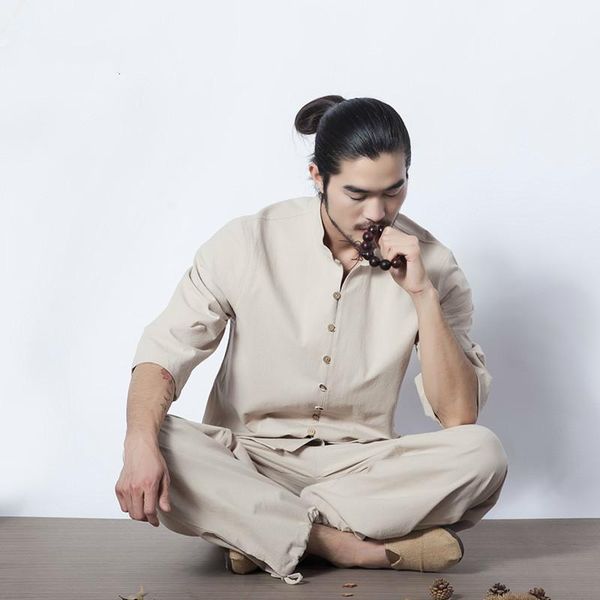 

chinese tradition men yoga suit loose trousers set tai chi clothing linen outdoor clothes zen meditation clothing, White;red