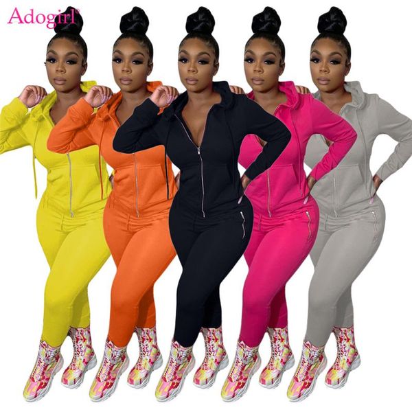 

women's two piece pants adogirl women solid fashion casual active set jogging suit zip long sleeve hooded sweatshirts pencil tracksuit, White