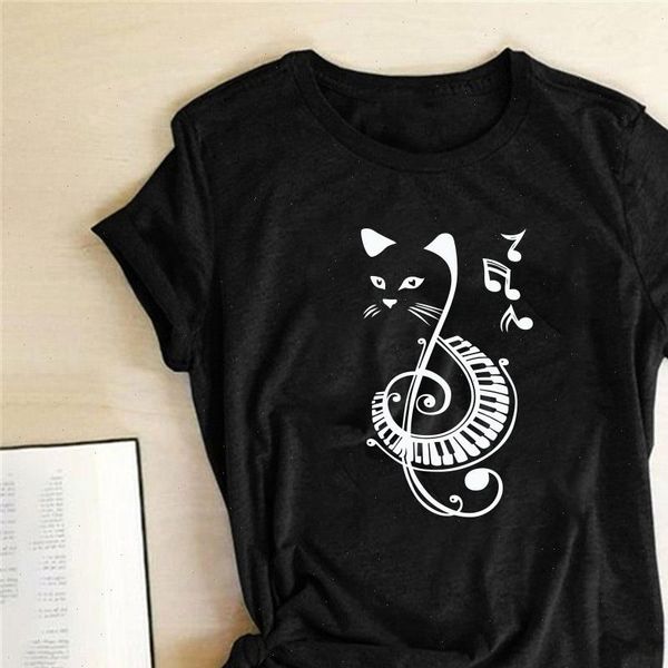 

black cat printed music funny kawaii t shirt women harajuku short sleeve women summer graphic tee shirt women 2021 t shirt, White