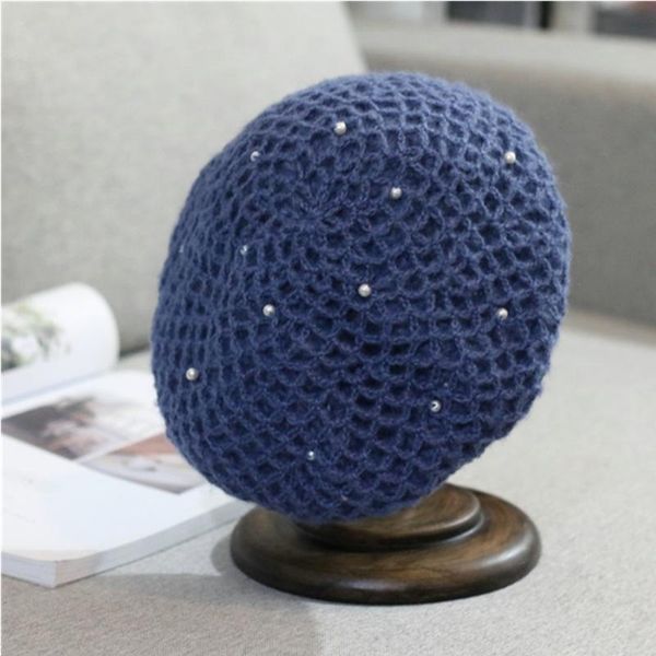 

berets hat knitted beret women winte beanie cap handmade pearl woolen french soft and elegant retro warm, Blue;gray