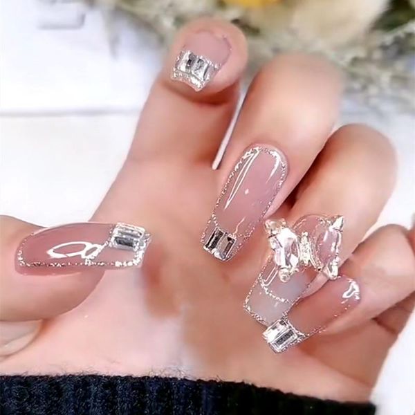 

false nails fake nail patch long square head crystal butterfly art finished piece 24pcs glue type gifts butt666, Red;gold