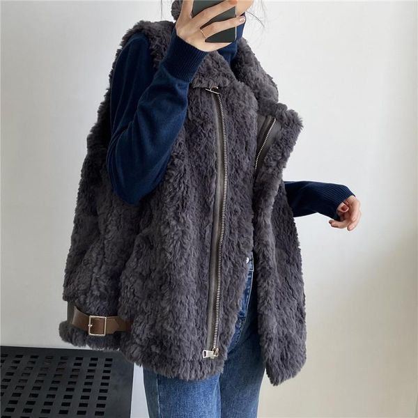 

women's vests 2021 awinter fur one-piece women sleeveless vest thickened casual simplicity lapel pure color versatile motorcycle jacket, Black;white