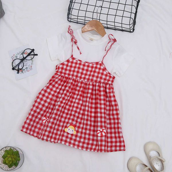 

and korean spring summer girl's little fresh red lattice sling children's dress two piece set 2021 new product, White
