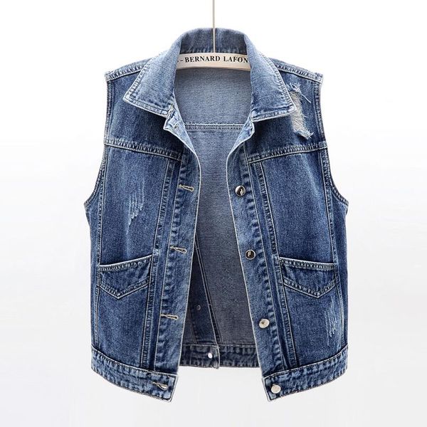 

women's vests spring summer vintage washed blue denim vest women waistcoat frayed pocket sleeveless jacket coat female loose short jean, Black;white