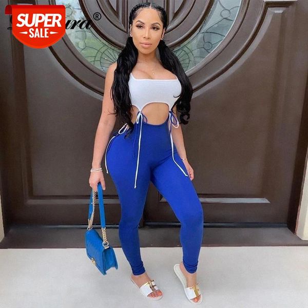 

Dulzura lace up hollow out patchwork women long jumpsuit sleeveless bodycon sexy streetwear 2020 summer clothes outfit club neon #N832, White