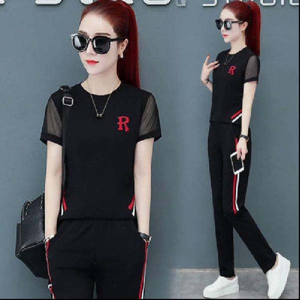 

short sleeved round neck trousers 2 piece set summer new fashion loose casual two piece sets women green white red, Gray
