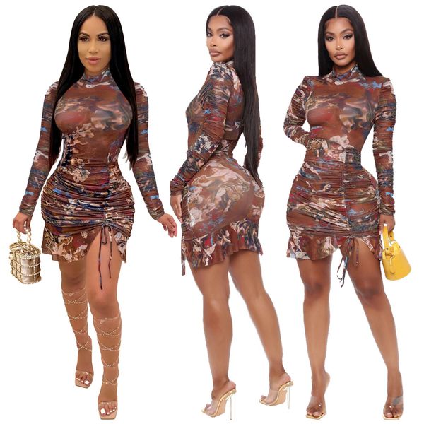 

2021 new print round neck long sleeve high waist irregular ruffle women mini- autumn office lady fashion clothes a9eg, Black;gray