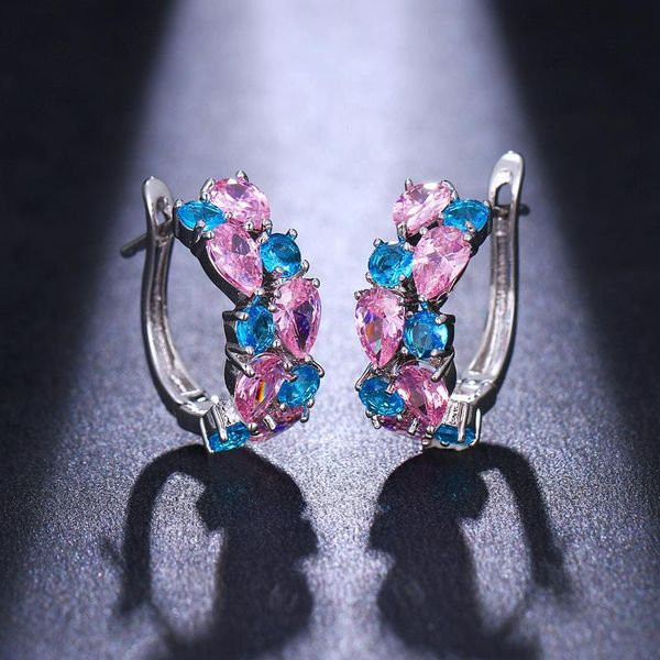 

hoop & huggie orztoon luxury cubic zirconia earrings women cz rainbow pink jewelry bridal gift 2021, Golden;silver
