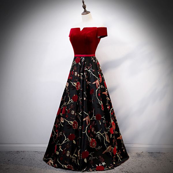 

women luxurious fashion red wedding bridesmaid chineses style embroidery a-line prom dresses gown vestido v78m, Black;gray