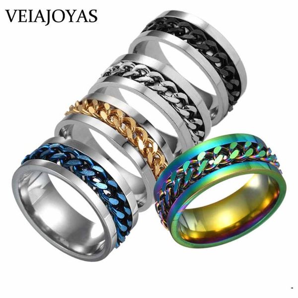

cluster rings upscale stainless steel chain spinner for men women blue rainbow black punk rock jewelry accessories party gifts size 6-12, Golden;silver