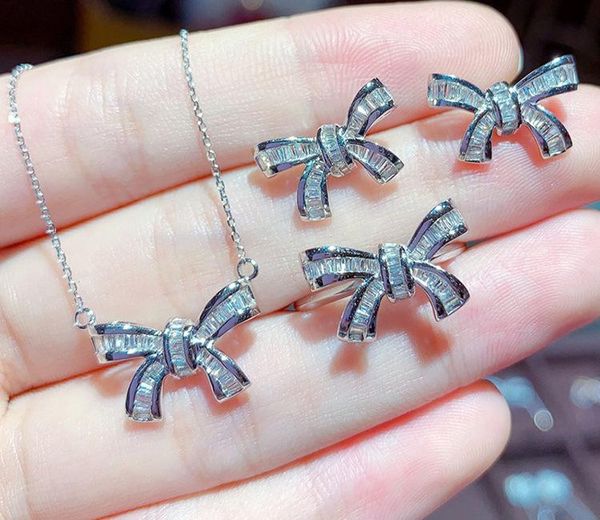 

Earrings & Necklace Cute Female Crystal Bowknot Jewelry Set Charm Silver Color Stud Earring For Women Dainty Zircon Wedding Ring Chain