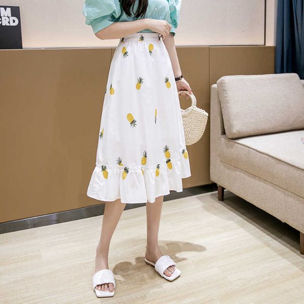 

skirts japanese style mori girl midi long women cute strawberry embroidery a-line high waisted ruffle ladies lange rok qkou, Black