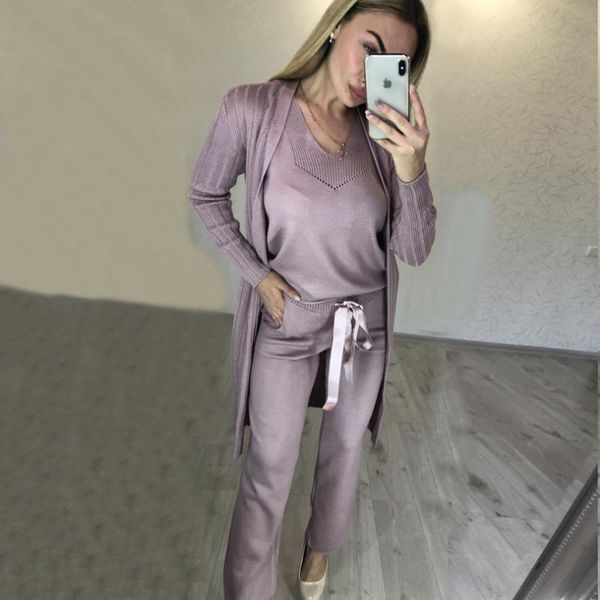 

women's two piece pants none knit suit vest cardigan three-piece women fashion suits 2021 real v-neck full drawstring cotton long, White