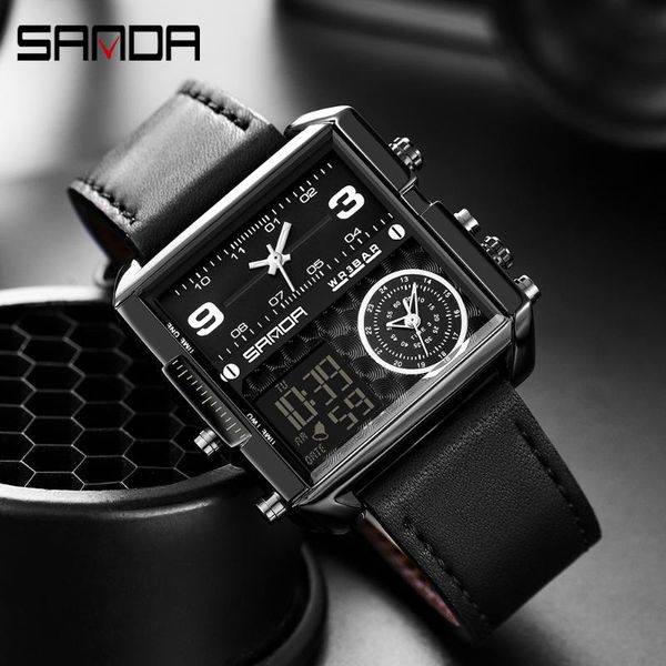 

wristwatches sanda 2021 brand men's sports 3 time zone fashion creative quartz watch led waterproof leather male clock relogio masculin, Slivery;brown