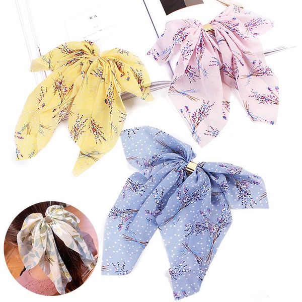 

chiffon big bow hair ring fashion ribbon ponytail hair rubber bands for women girls headwear floral printed accessories, Slivery;white