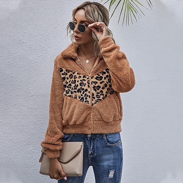 

2021 leopard patchwork teddy cashmere autumn winter short plush coat pocket warm fleece jacket for women new m6x0, Black;brown