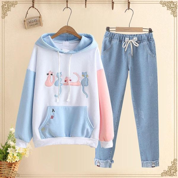 

women's two piece pants single/set female student jeans set 2021 women spring autumn sweatshirt+cowboy two-piece suit no velvet b1230, White