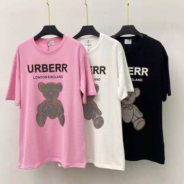 

2021 early spring cute age reduction relaxed reflective bear thickened ground t-shirt short sleeve girl1, White;black
