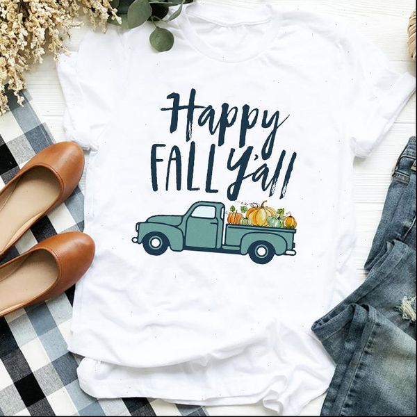 

women lady truck cue pumpkin cartoon trend fall halloween print tshirt female t tee womens shirt clothes t shirt, White