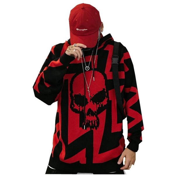 

men's sweaters 2021 autumn winter korean sweatercoat men skulls oversized sweater hip hop pull homme women plus size warm knitted pullo, White;black