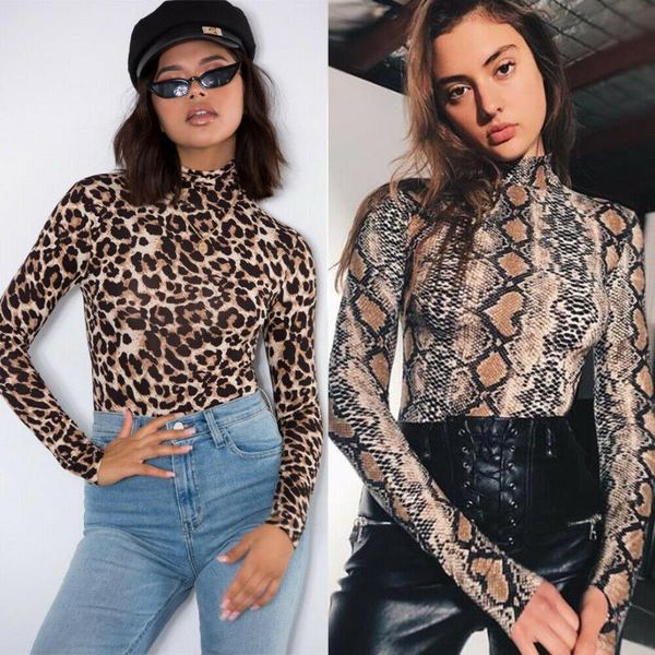 

women's jumpsuits & rompers leopard bodysuit for women bodycon skinny body suit turtleneck long sleeve playsuit printed romper, Black;white