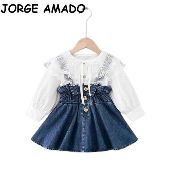 Autunno ragazza imposta pizzo bambino colletto grande camicia bianca + bretelle di jeans gonna 2 pezzi abiti abbigliamento per bambini E20131 210610