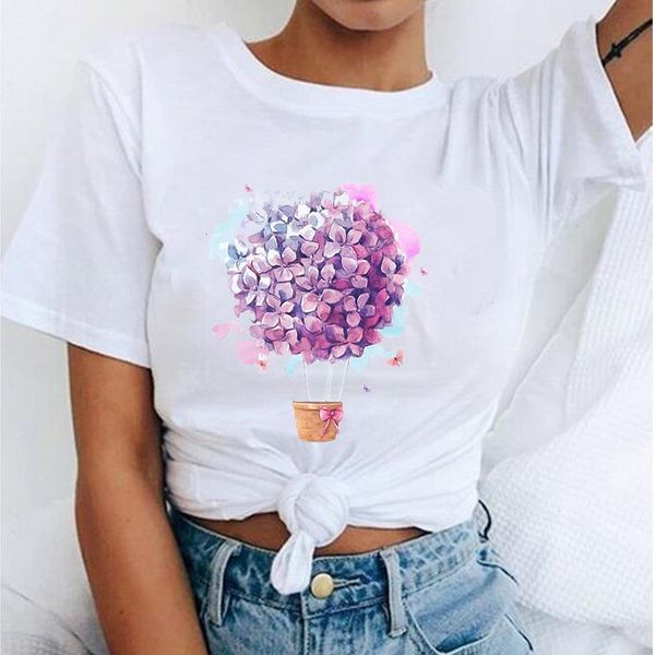 

floral flower aesthetic tshirt for women loose summer women's t-shirt shirt short sleeve fashion o-neck tee shirts female, White