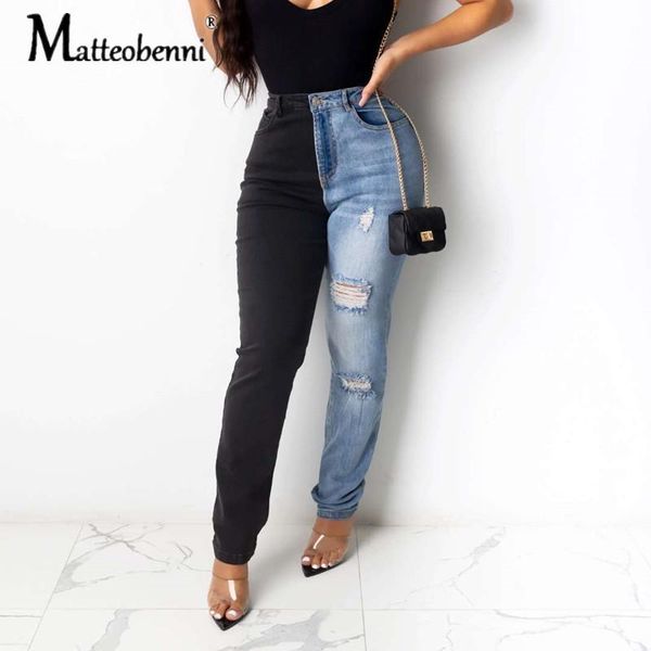 

women's jeans women panelled patchwork pencil long fashion streetwear high waist slim denim trousers casual hole pants 2021 spring, Blue