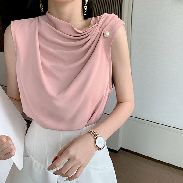 

women's blouses & shirts chic exquisite beading patchwork design blouse women fashion ol sleeveless pleated casual soft bottoming women, White