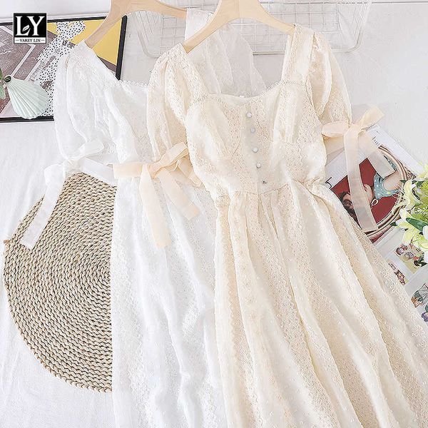 

ly varey lin summer women sweet square collar solid color dresses office lady embroidery short sleeve high waist 210526, Black;gray