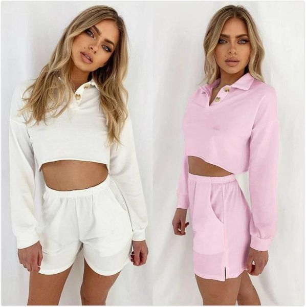 

women's tracksuits autumn 2pcs casual clothing sets female ladies sports long sleeve lapel cropped pullovers shorts suit, Gray