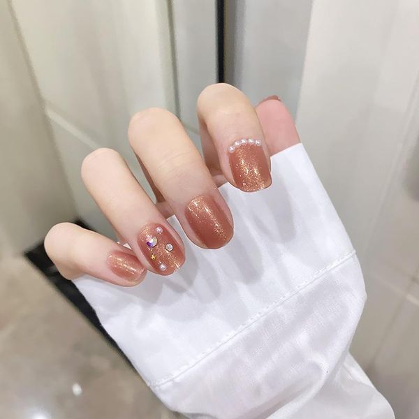 

false nails 24pcs pearl diamond inlaid patch glue type short paragraph removable fashion manicure ne, Red;gold