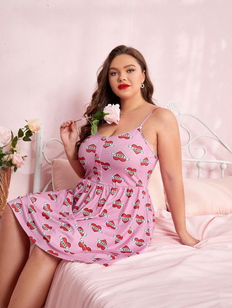 

plus heart print button front cami sleep dress k3s5#, Black;white