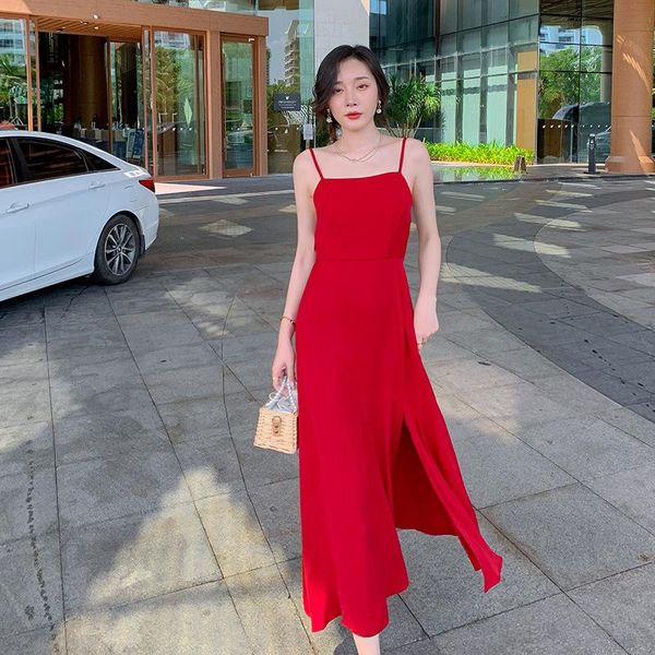 

casual dresses #3932 chiffon dress women sleeveless spaghetti strap side split beach bodycon backless midi slash neck, Black;gray