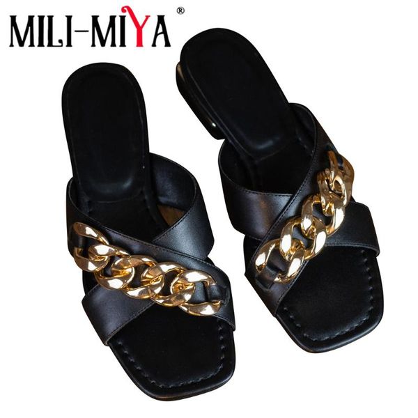 

sandals mili-miya design women slippers summer fashion metal chain decorations cross open toe low heel solid color outdoor, Black