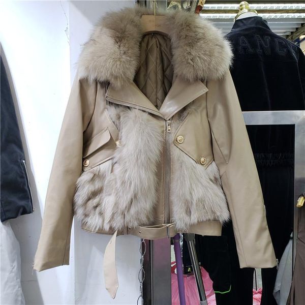 

women's leather & faux 2021 winter removable fur collar imitation patchwork women coat lapel long sleeve female motorcycle jacket, Black