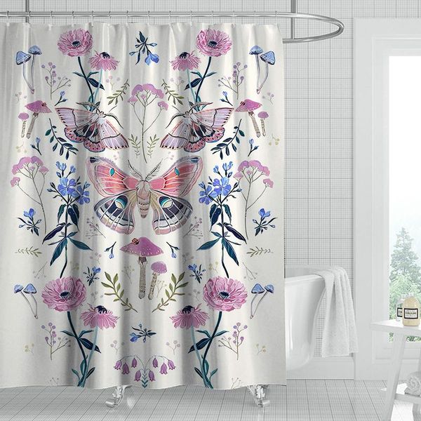 

mauve flowers and butterfly shower curtain set with 12 hooks bathroom decoration