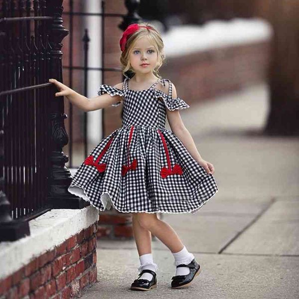 

h1065#ins# girls lace plaid dress fashionable bow princess skirt, Red;yellow