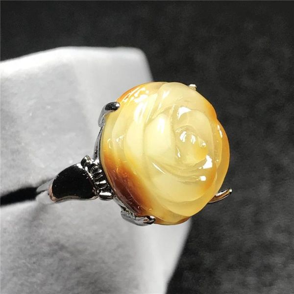 

cluster rings 16x15mm natural yellow amber flower carved ring for woman lady man beads gemstone silver fashion jewelry adjustable, Golden;silver