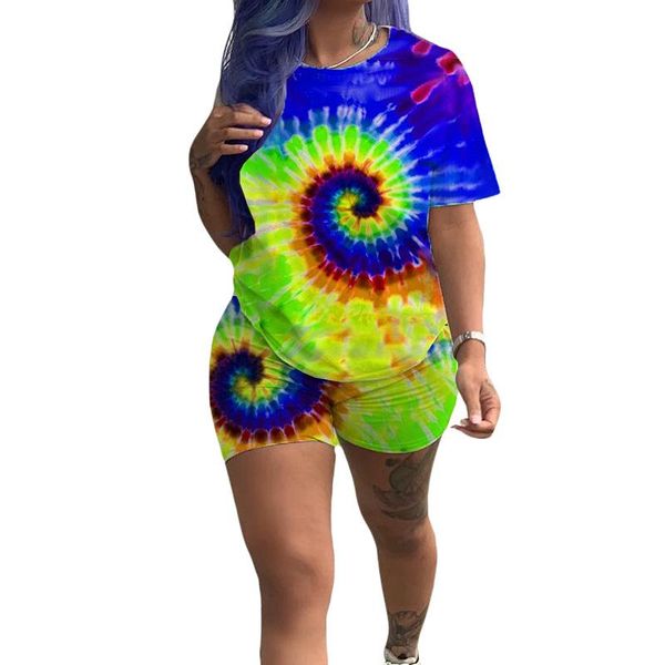 

women's tracksuits 2021 summer women two pieces set short sleeve + shorts suits night joggers tie-dye print sports outfits, Gray