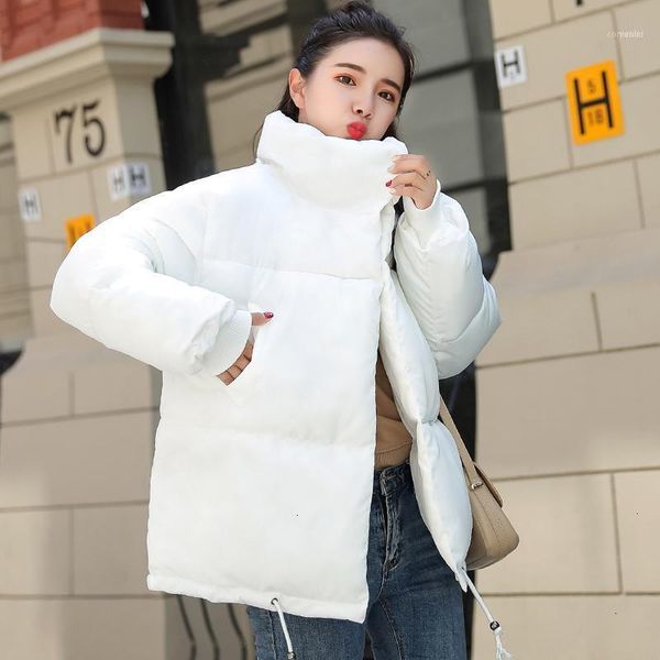 

korean style winter jacket women stand hard breasted buttons short losse oversized park1, Black