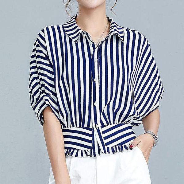 

women's blouses & shirts bat shirt high-end summer short-sleeved chiffon striped design chic t-shirt thin women-blouses, White