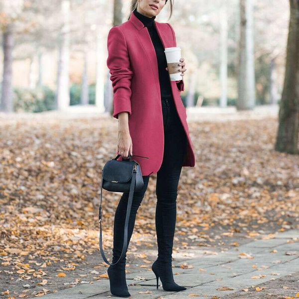 

women's wool & blends autumn and winter fashion solid color stand-up collar woolen coat women,women's coat,traf, Black