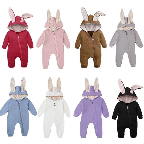 Новые Rompers с капюшоном кролика ухо для детей мальчиков для мальчиков девушки одежда для одежды новорожденного комбинезона младенческий костюм детские наряды одежда 210309