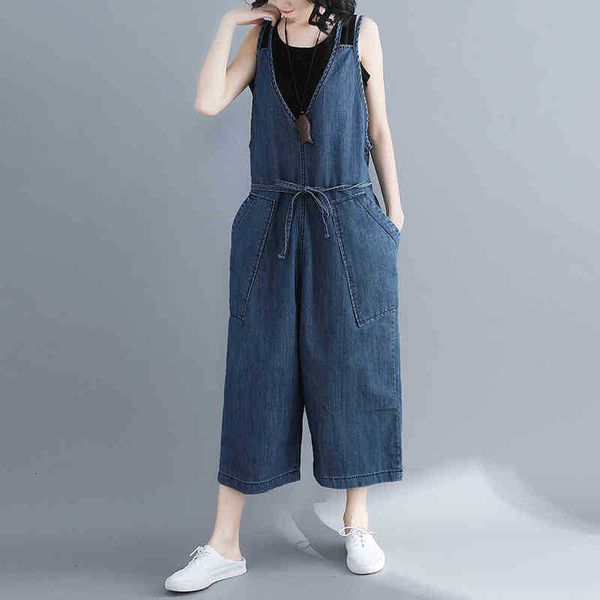 

women's jumpsuits & rompers womens denim blue retro casual v-neck sleeveless pockets vintage wide leg ankle length overa bl20, Black;white